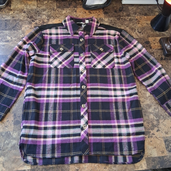 Cato Tops - Cato Purple&Black Plaid Button Down Flanel With Front & Side Pockets 100% Cotton